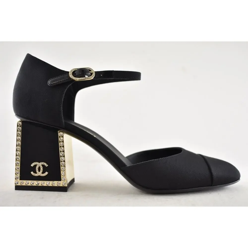 Chanel 24B Black Crystal CC Logo Gold Mary Jane Ankle Strap Block Heel Pumps 40 - Picture 2 of 16